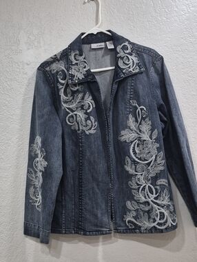 Chico's Platinum Embroidered Denim Jacket - Blue with White Floral Accents, Size